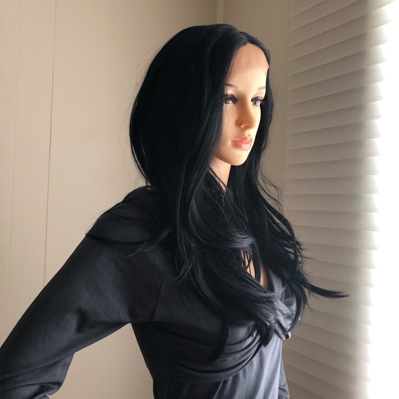 NWT 22” Swiss Lace front pure black human blended mixed straight wig